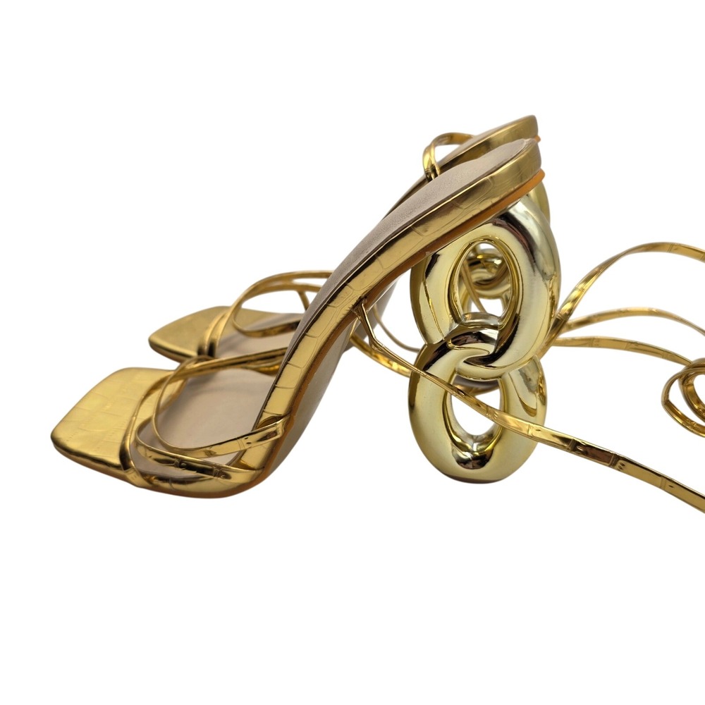 Gold Metallic Sculptural Chain Heel Strappy Lace Up Sandals Square Toe 39 L3